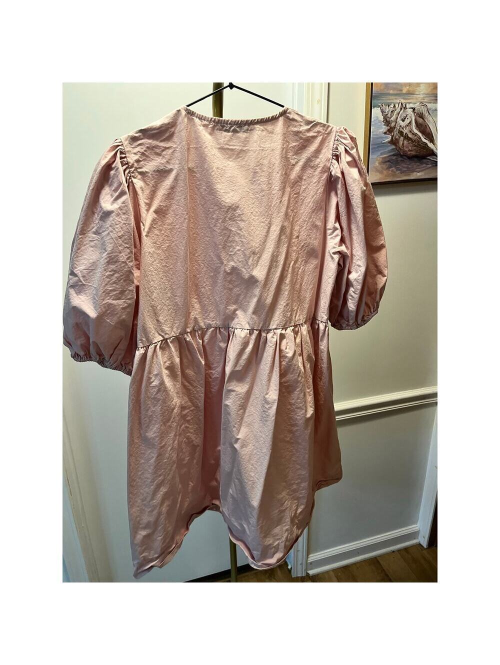 Sofie the Label Pink Cotton Babydoll Mini Dress w/Puff Sleeves & Front Bow Ties